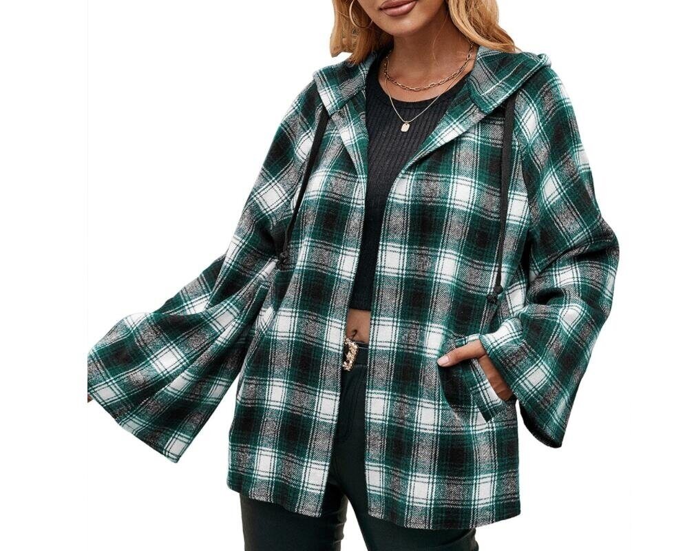 Flannel Plaid Hooded Flare Sleeve Sweatshirt Jacket