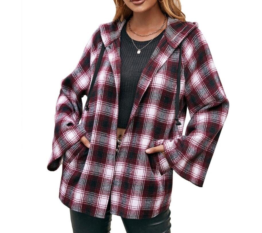 Flannel Plaid Hooded Flare Sleeve Sweatshirt Jacket