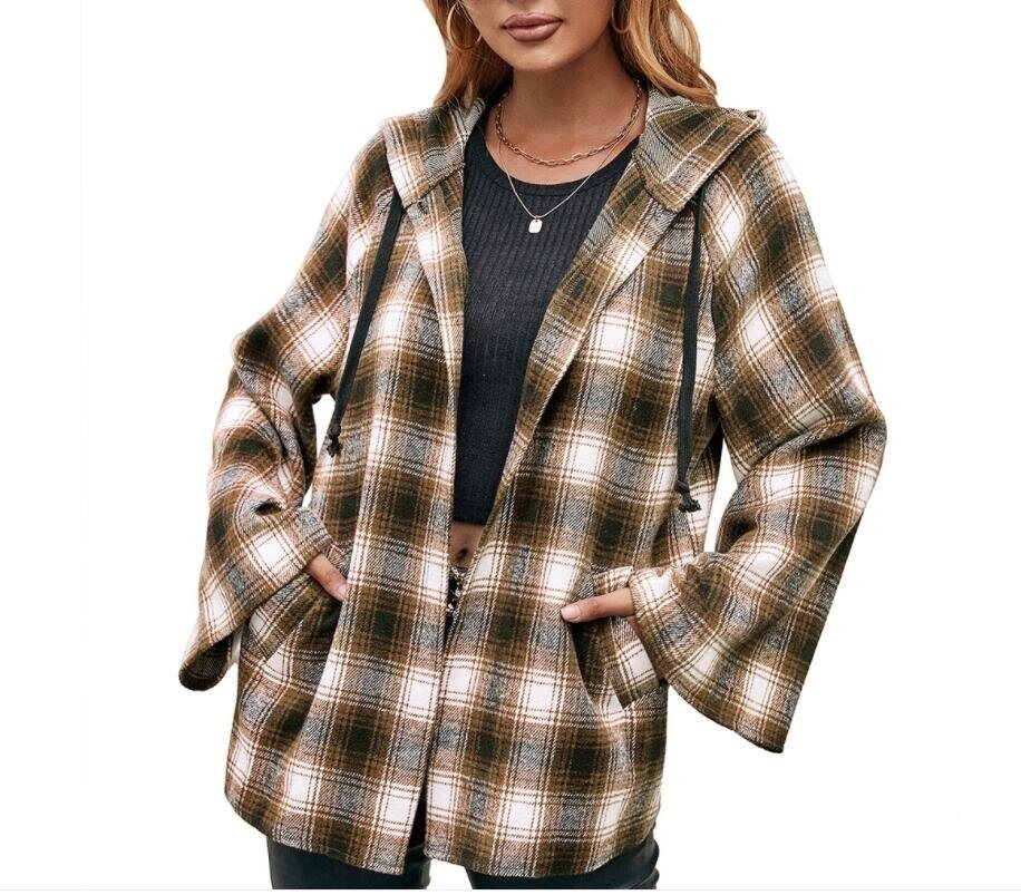 Flannel Plaid Hooded Flare Sleeve Sweatshirt Jacket