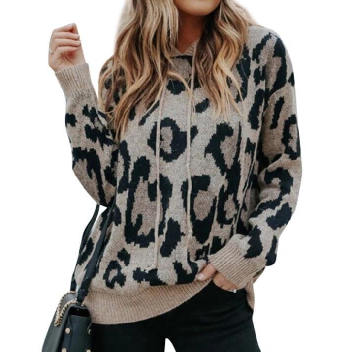 Leopard Print V-neck pullover Hooded Sweater