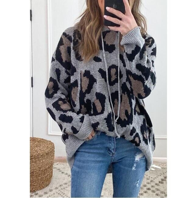 Leopard Print V-neck pullover Hooded Sweater