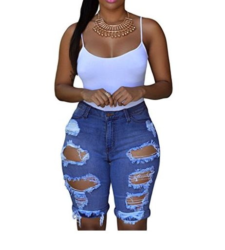 Womens Casual Denim Destroyed Bermuda Shorts Jeans