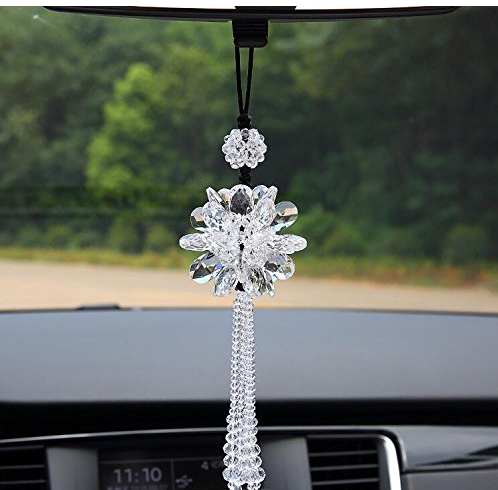 Crystal Flower Car Hanging Ornament Car Rear View Mirror Pendant Car Accessories (Pink)