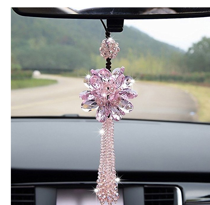 Crystal Flower Car Hanging Ornament Car Rear View Mirror Pendant Car Accessories (Pink)