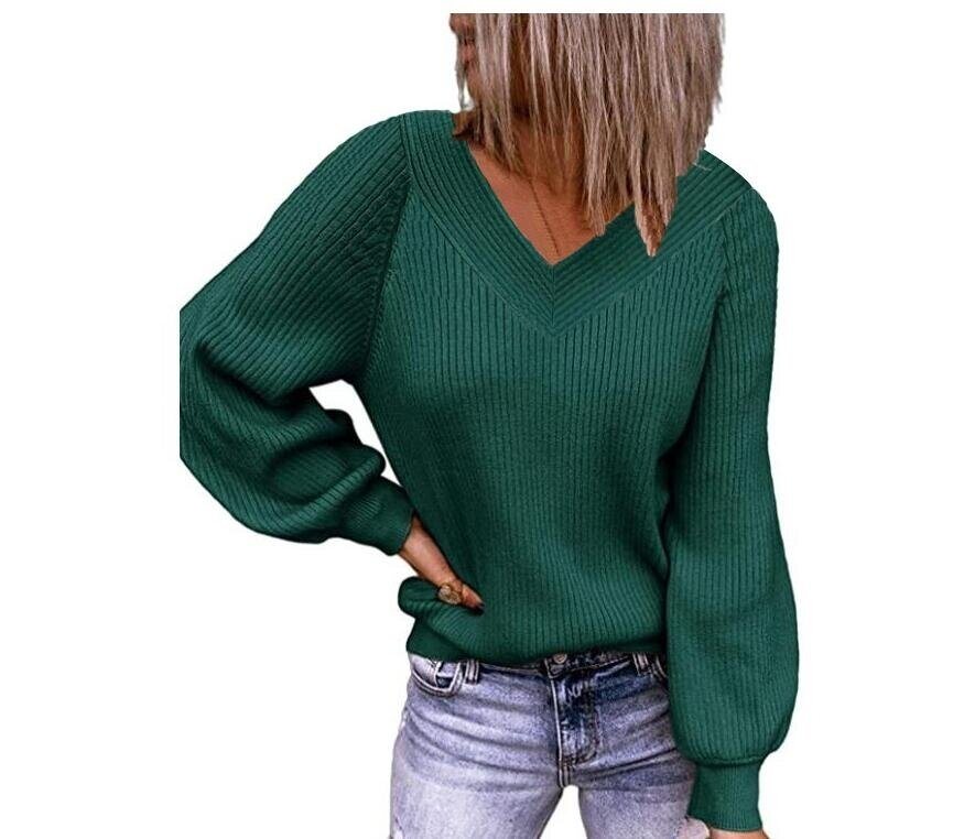 Loose Knit Sweater V-neck Solid Color Pullover