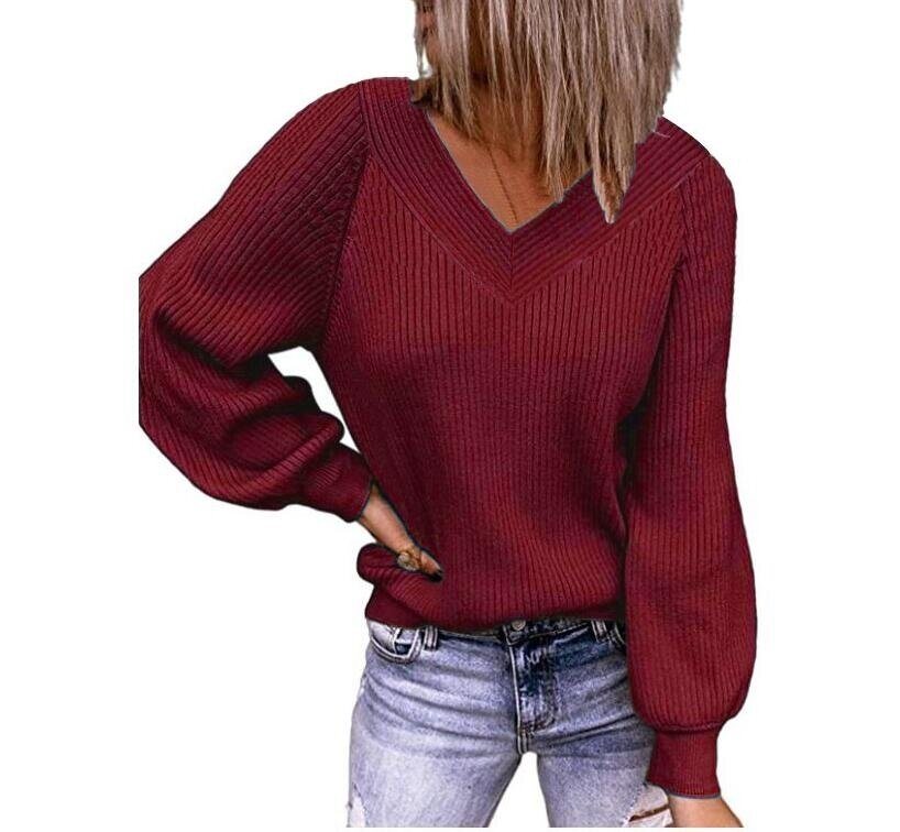 Loose Knit Sweater V-neck Solid Color Pullover