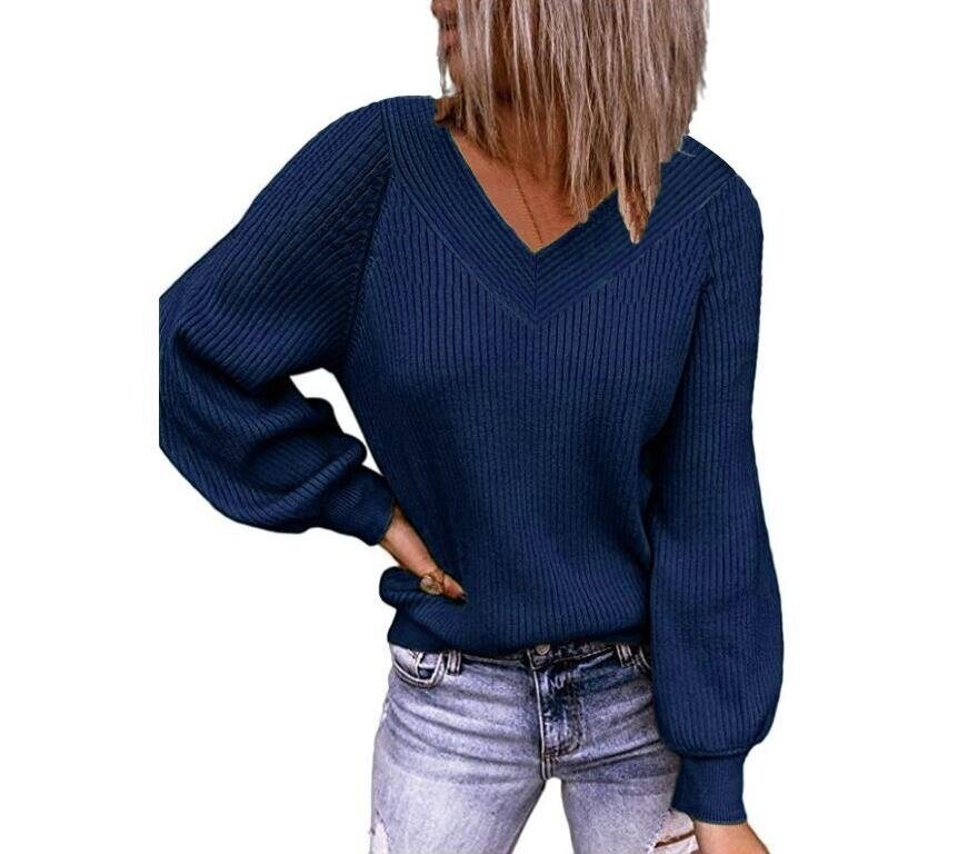 Loose Knit Sweater V-neck Solid Color Pullover