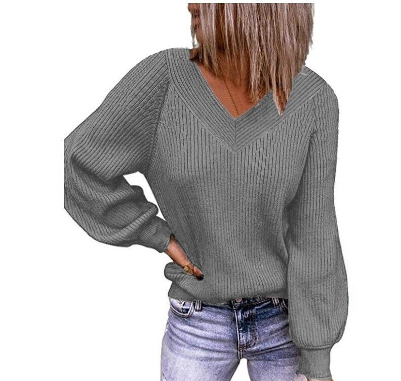 Loose Knit Sweater V-neck Solid Color Pullover