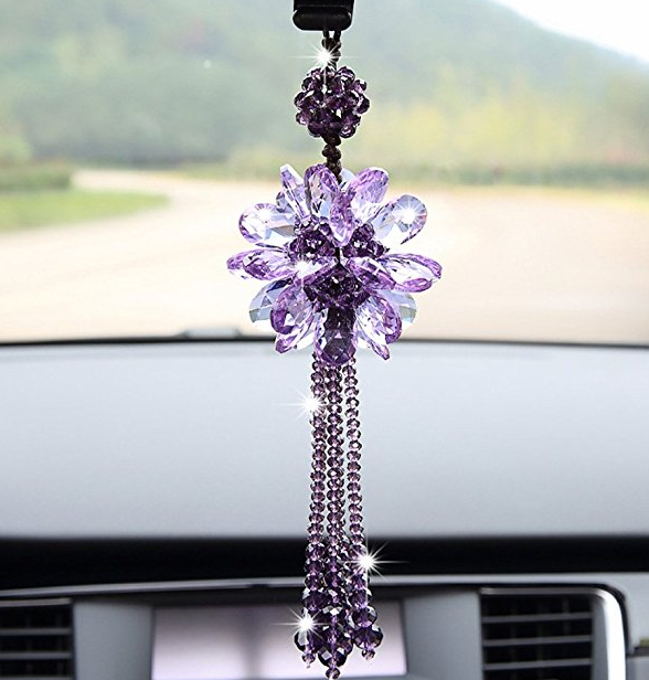 Crystal Flower Car Hanging Ornament Car Rear View Mirror Pendant Car Accessories (Pink)