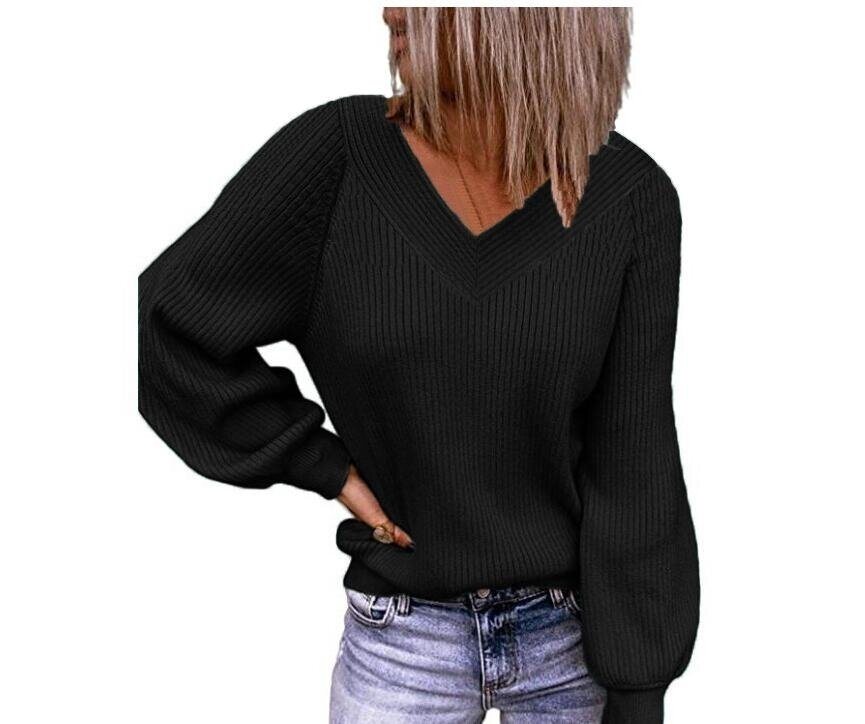 Loose Knit Sweater V-neck Solid Color Pullover