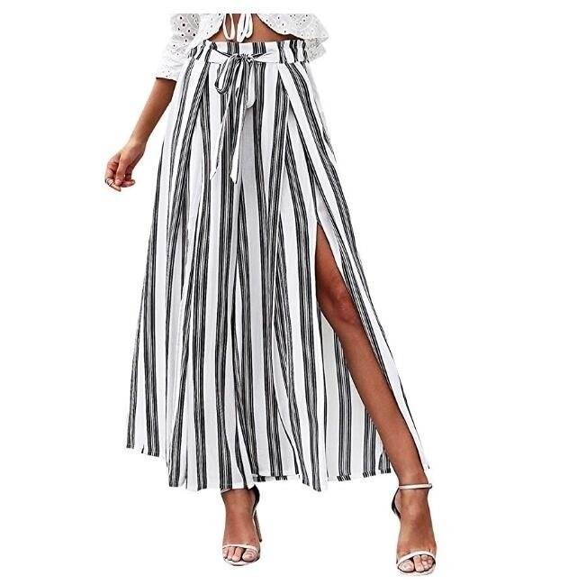 Women's Casual Pants Boho High Waist Split Stripe Wide Leg Pants