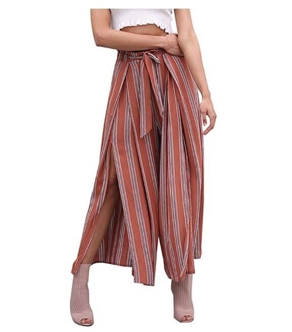 Women's Casual Pants Boho High Waist Split Stripe Wide Leg Pants