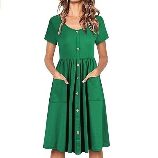 Women's Midi Dress Scoop Neck Pockets High Low Pleated Loose Swing Casual Dress