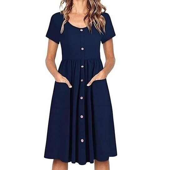 Women's Midi Dress Scoop Neck Pockets High Low Pleated Loose Swing Casual Dress