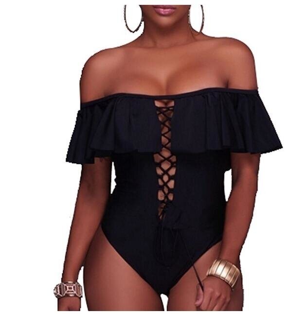 Women One Piece Bikini Lace up Ruffled Off Shoulder Flounce Monokini Bathing Suits