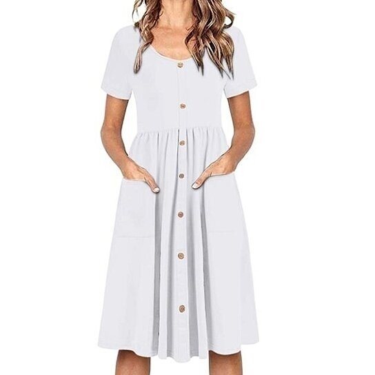 Women's Midi Dress Scoop Neck Pockets High Low Pleated Loose Swing Casual Dress