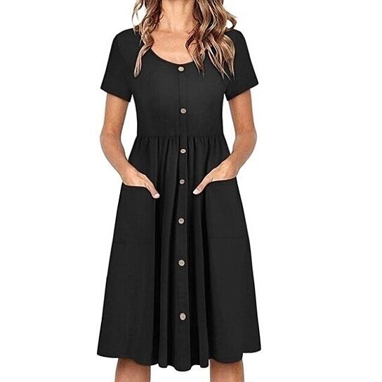 Women's Midi Dress Scoop Neck Pockets High Low Pleated Loose Swing Casual Dress