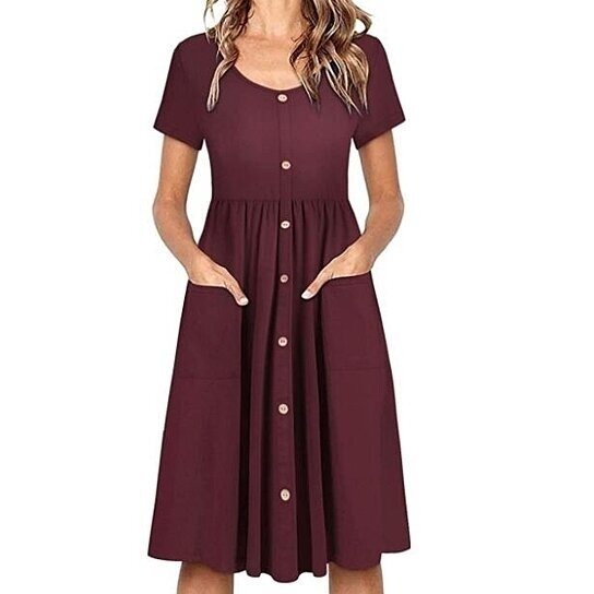 Women's Midi Dress Scoop Neck Pockets High Low Pleated Loose Swing Casual Dress