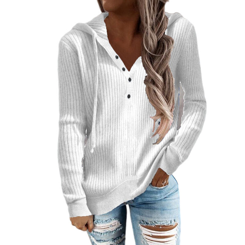 Women Striped Casual Hoodie Loose Drawstring Knit Sweater Top Blouses