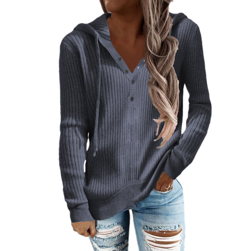 Women Striped Casual Hoodie Loose Drawstring Knit Sweater Top Blouses