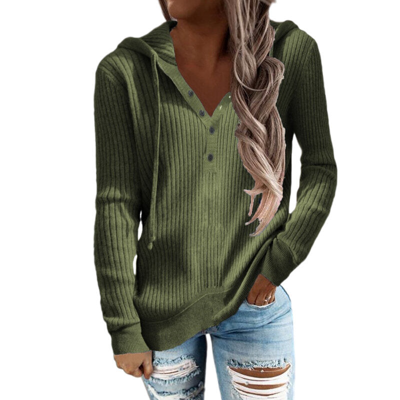 Women Striped Casual Hoodie Loose Drawstring Knit Sweater Top Blouses