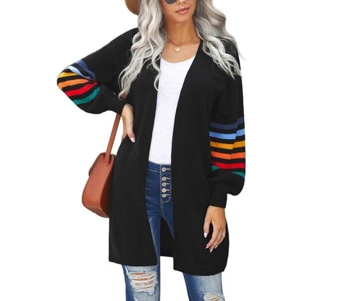 Striped Lantern Sleeve Sweater Cardigan