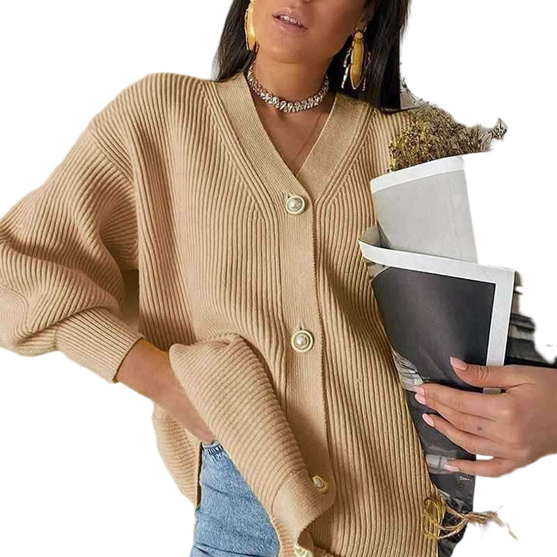 Women Loose Knit Pearl Button Cardigan Sweater