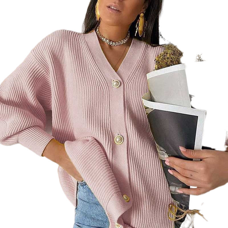 Women Loose Knit Pearl Button Cardigan Sweater