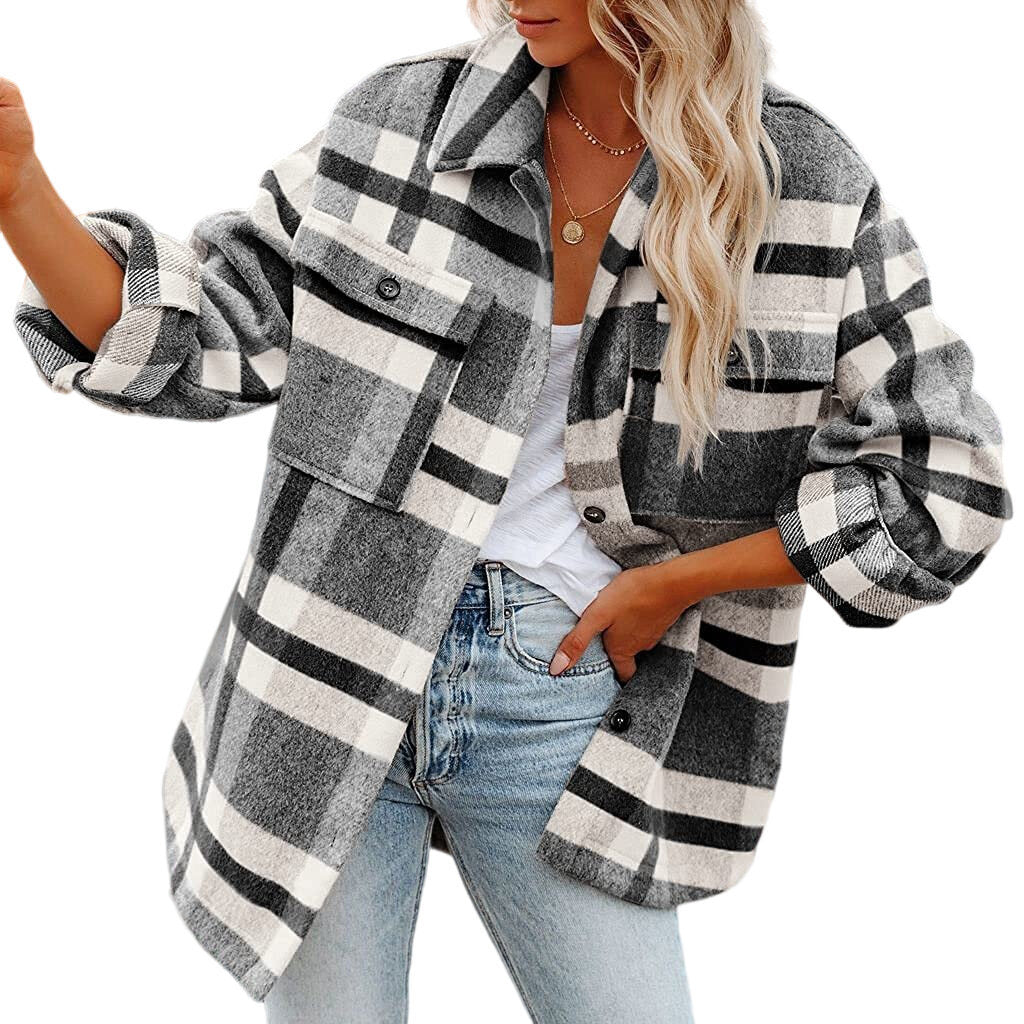 Flannel Plaid Jacket Button Down Shirts Coats Shacket