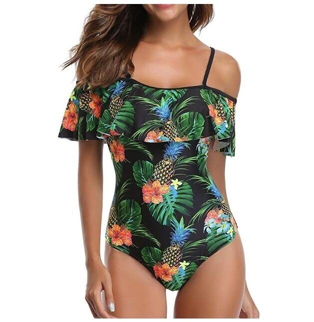 Women One Piece flounce Swimsuit Pineapple Printed Off Shoulder Bathing Suit