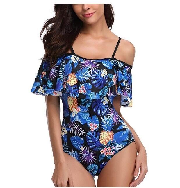 Women One Piece flounce Swimsuit Pineapple Printed Off Shoulder Bathing Suit