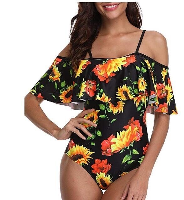 Women One Piece flounce Swimsuit Pineapple Printed Off Shoulder Bathing Suit