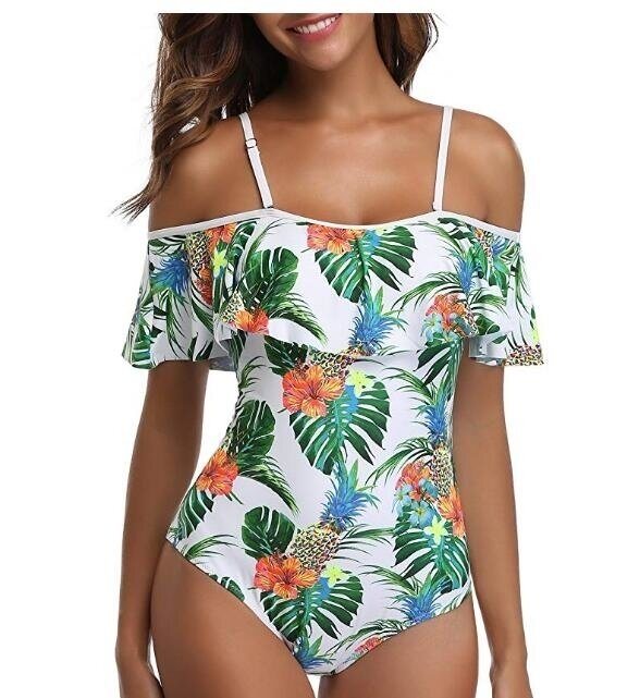 Women One Piece flounce Swimsuit Pineapple Printed Off Shoulder Bathing Suit