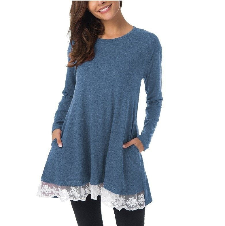 Women Shirts Long Sleeve Lace Tunic Top Blouse with Pockets