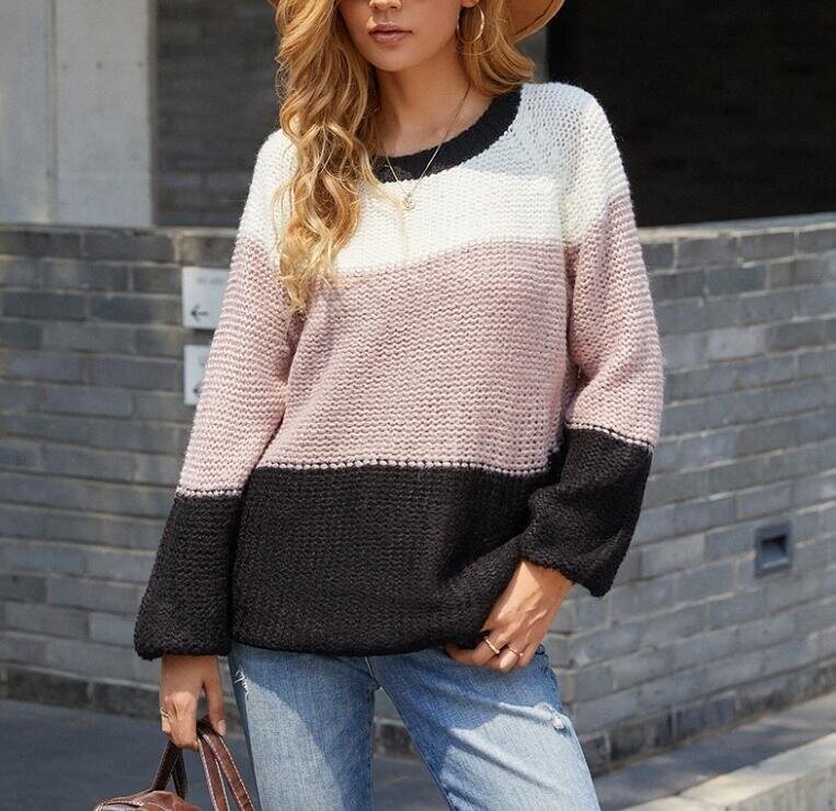 Striped Color Block Crew Neck Knitted Sweater