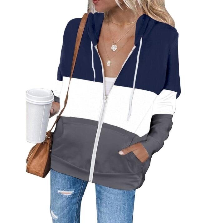 Striped Zipper Long Sleeved Hooded Sweatshirt