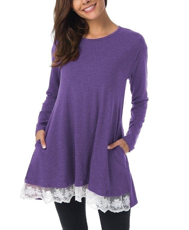 Women Shirts Long Sleeve Lace Tunic Top Blouse with Pockets