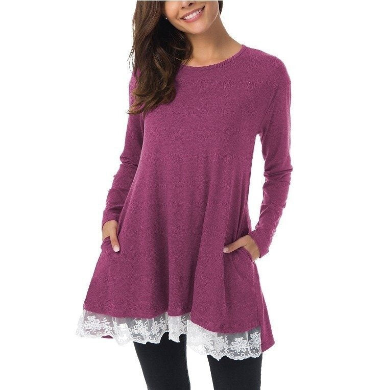 Women Shirts Long Sleeve Lace Tunic Top Blouse with Pockets