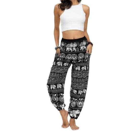 Women's Boho Yoga Pants Peacock Drawstring Thai Harem Pants