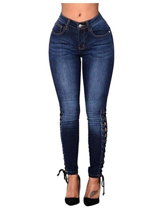 Women Jeans Skinny Curvy Slim Fit Stretch Denim Ripped Straps Cross Pants