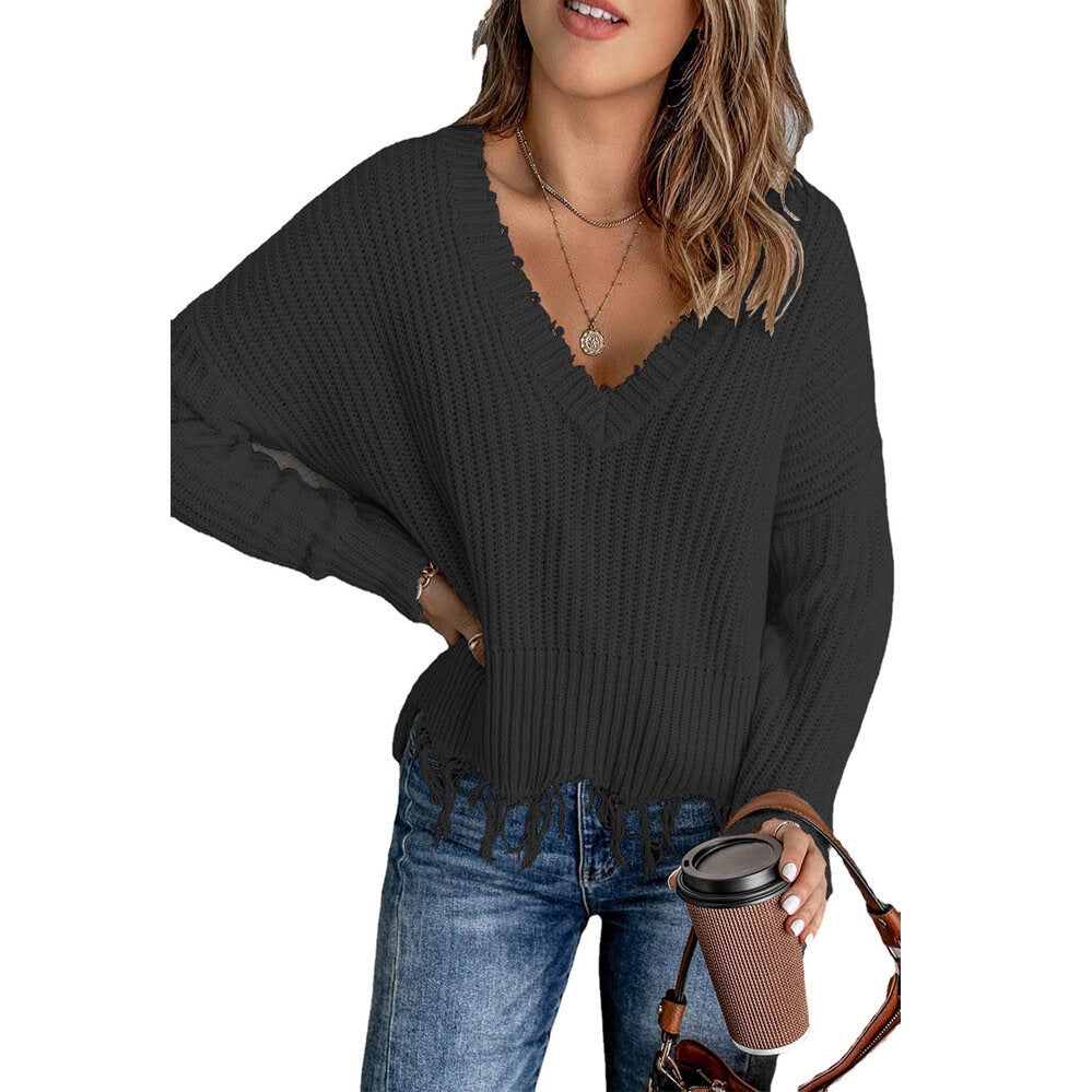 Women's V-neck Fringed Knitted Sweater Pullover Top