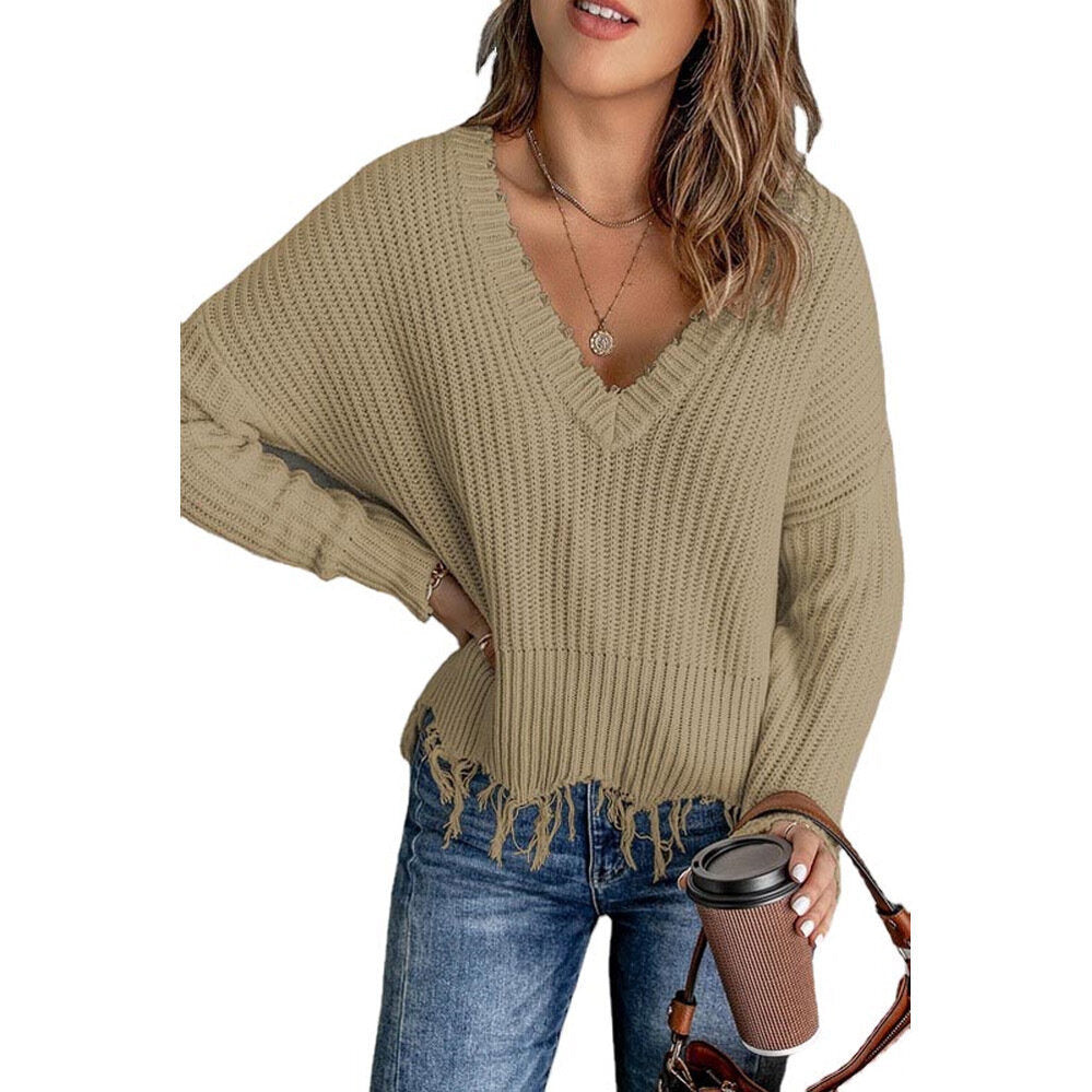 Women's V-neck Fringed Knitted Sweater Pullover Top