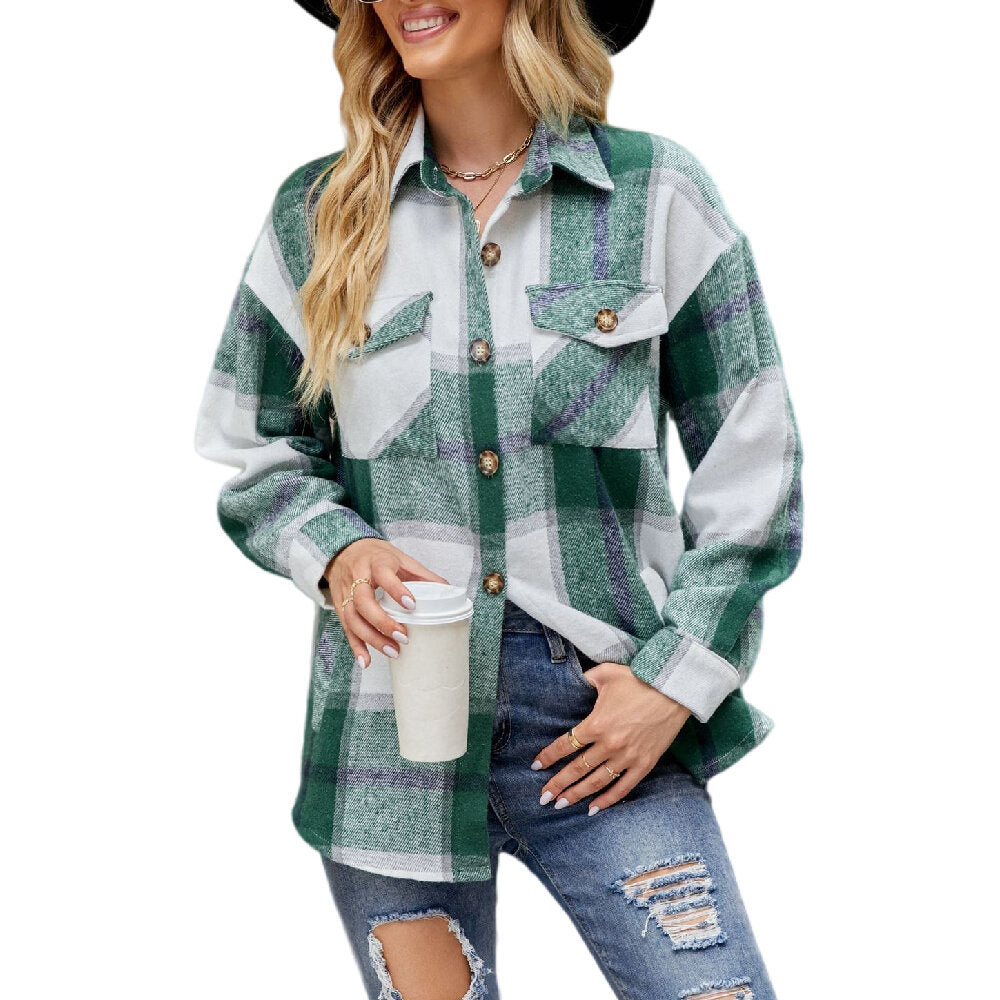 Women Plaid Shirts Flannel Button Down Shacket Jacket Coats