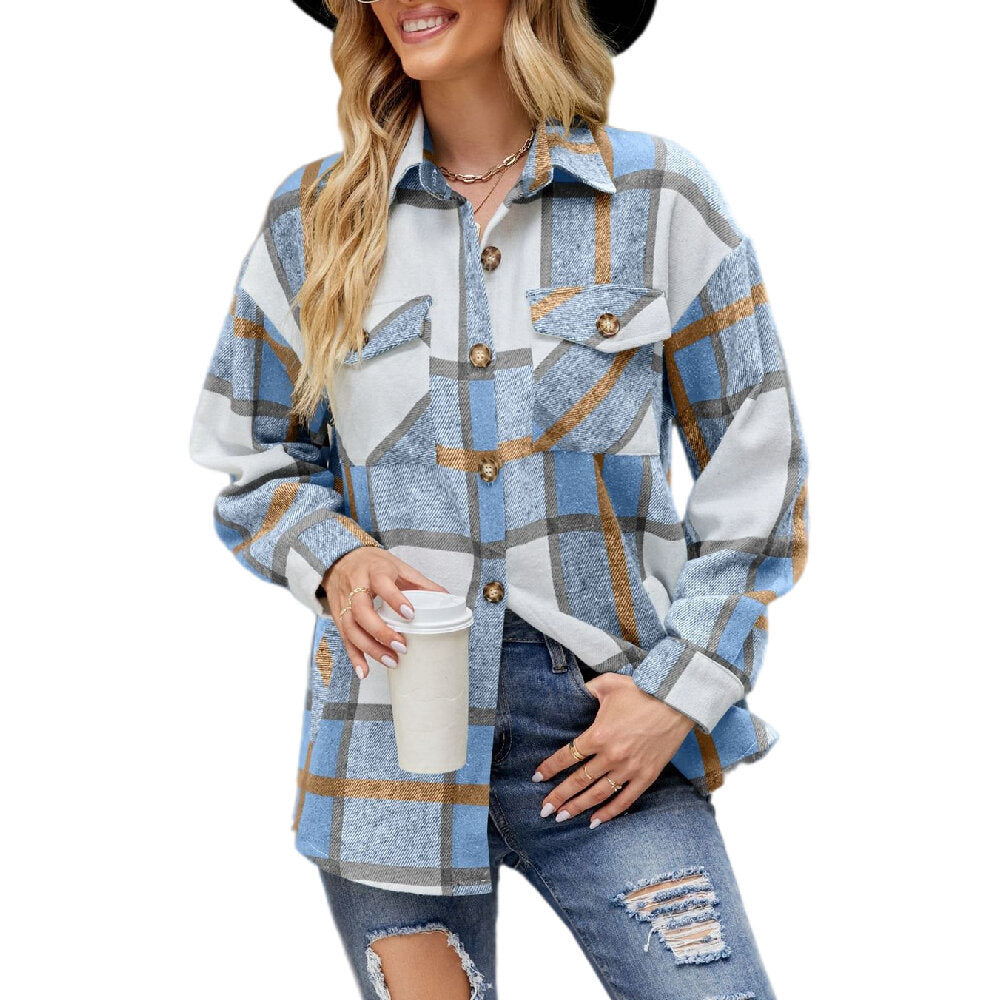 Women Plaid Shirts Flannel Button Down Shacket Jacket Coats