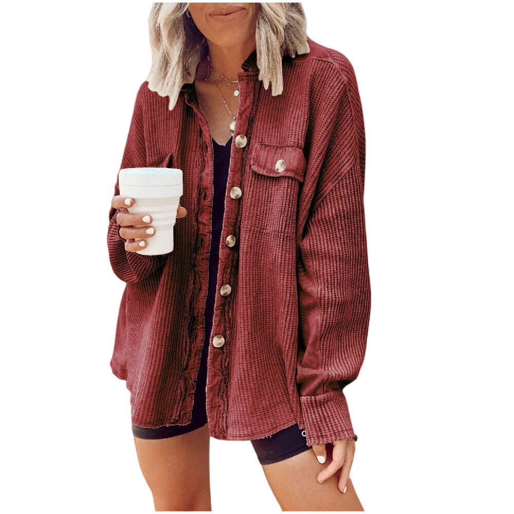 Women Waffle Knit Shacket Jacket Button Shirt Blouses