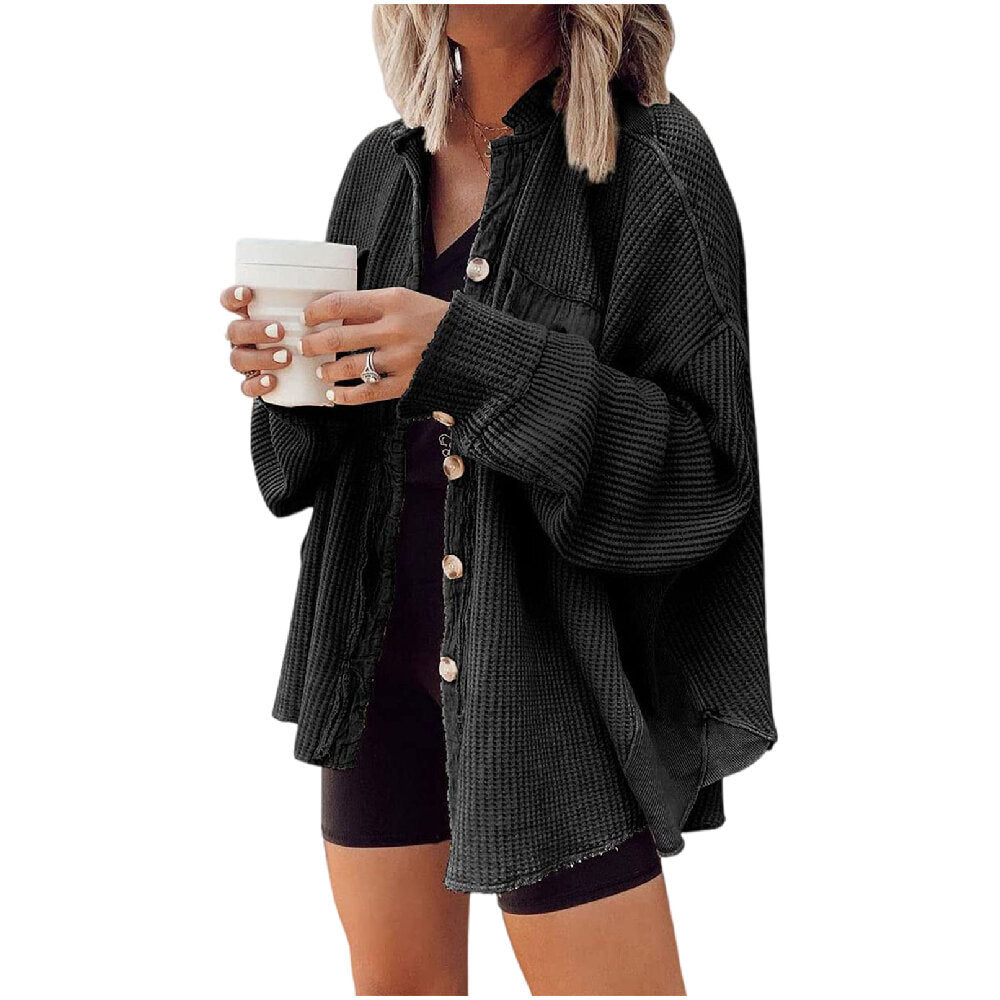 Women Waffle Knit Shacket Jacket Button Shirt Blouses