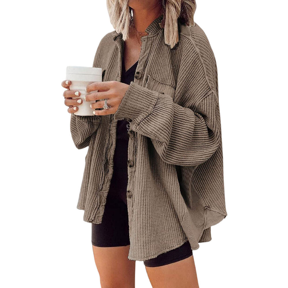 Women Waffle Knit Shacket Jacket Button Shirt Blouses