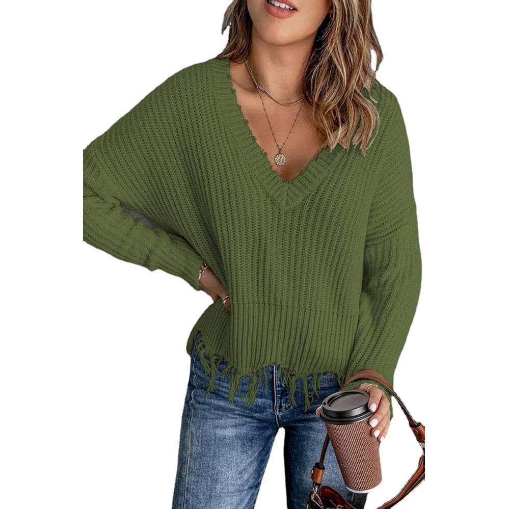 Women's V-neck Fringed Knitted Sweater Pullover Top