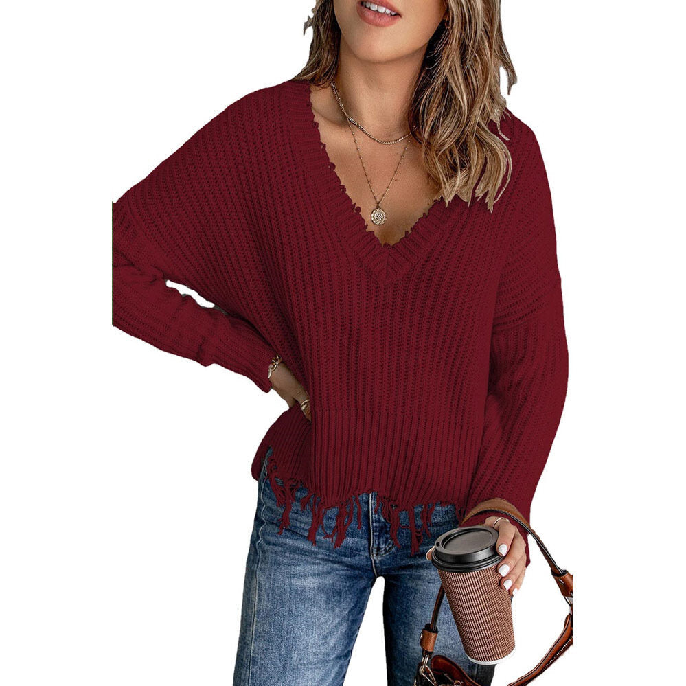 Women's V-neck Fringed Knitted Sweater Pullover Top