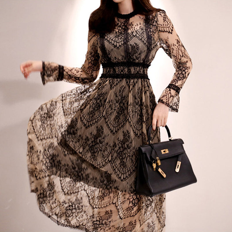 Spring Summer Elegant Vintage Evening Long Dress Casual Sexy Women Lace Hollow O-Neck Robe Slim Party Fashion High Quality Sale